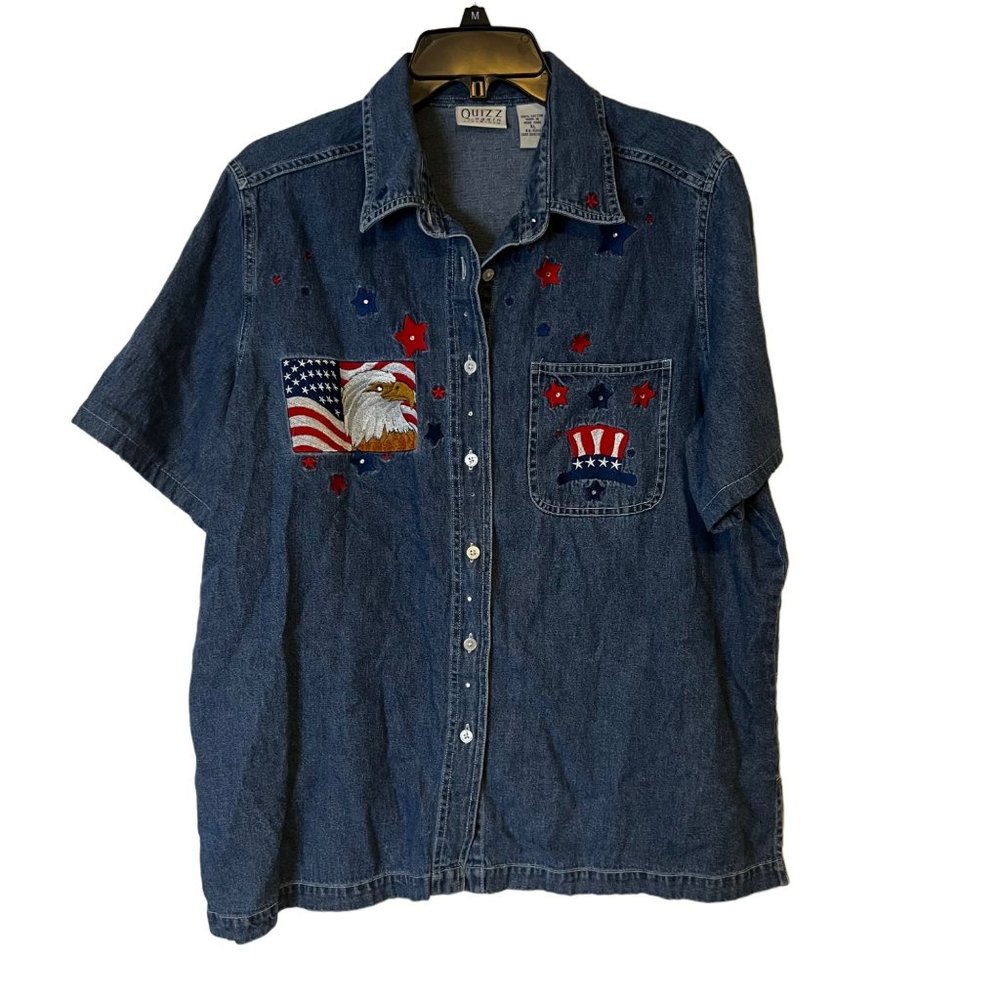 VINTAGE Quizz Again Jean Shirt Patriotic Blue Short Sleeve Button Up Womens